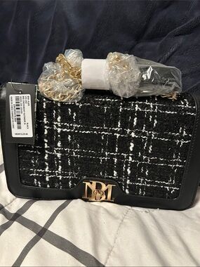 Badgley Mischka Black and White Tweed Crossbody with Gold Chain